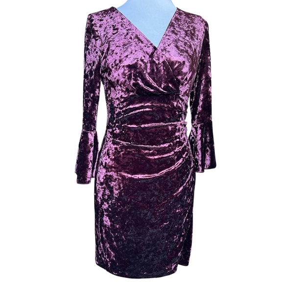 Lauren Ralph Lauren Dark Purple Dress Bell-Sleeve Velvet Size 4P NWT V Neck - Picture 2 of 7